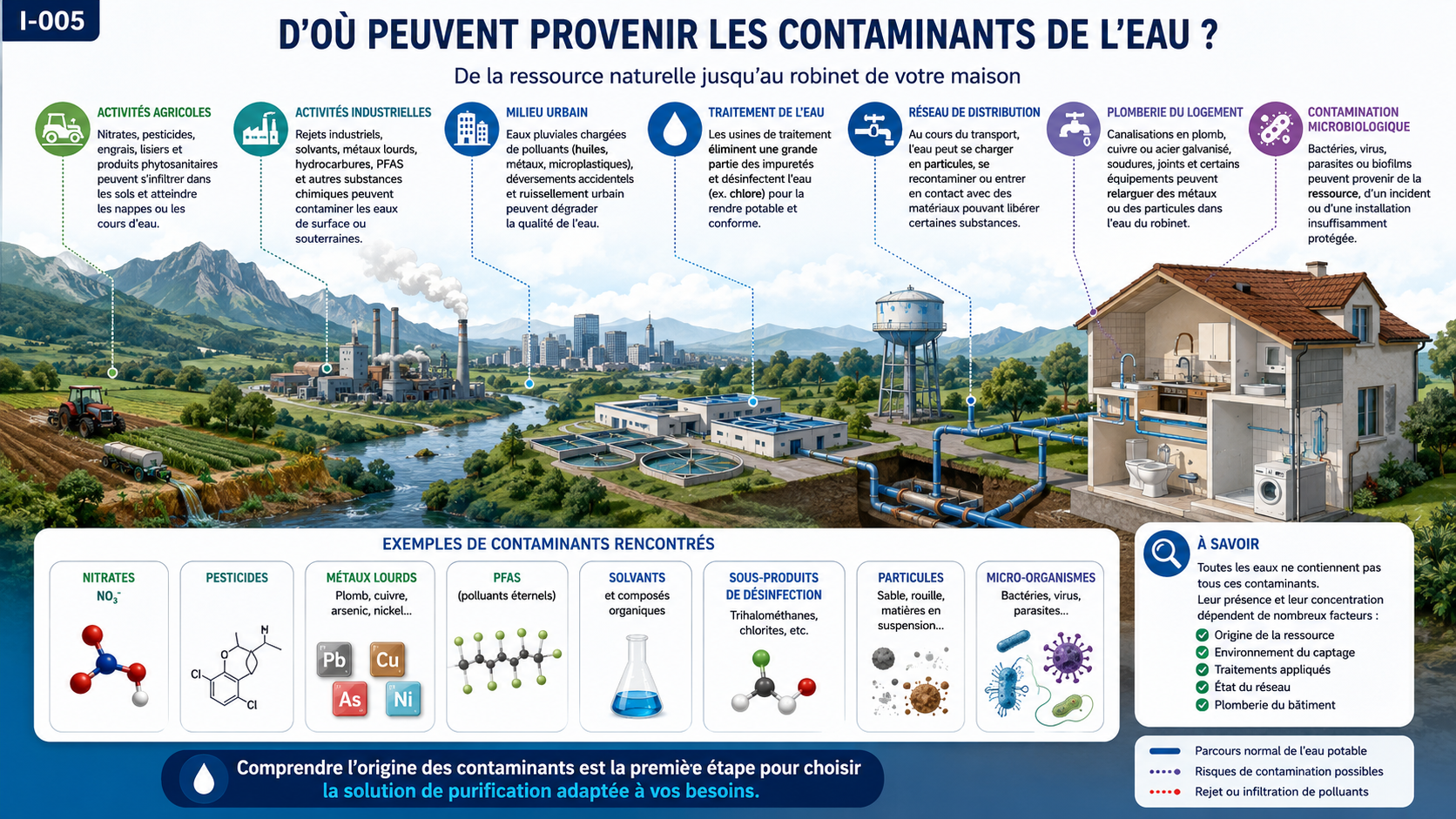 Origines possibles des contaminants de l'eau depuis la ressource naturelle jusqu'au robinet